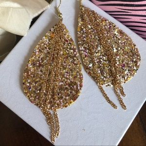 Pretty Gold Glitter Faux Leather chain earrings‎